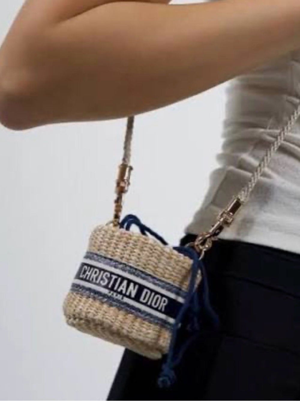 Dior Natural Raffia Mini Crossbody with Navy Logo Band and Gold Chain